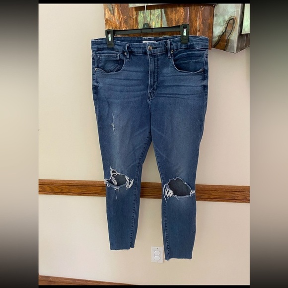 Good American Good Legs Crop Dark Wash Distressed Skinny Jeans Size 15/33 - Picture 2 of 10